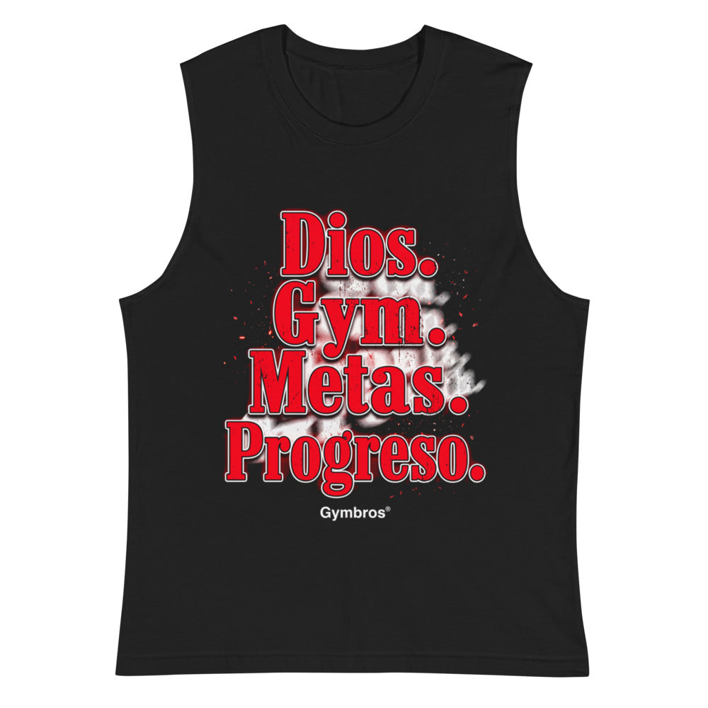 Sin Mangas Dios Gym Metas Progreso Letras Rojas - Plano