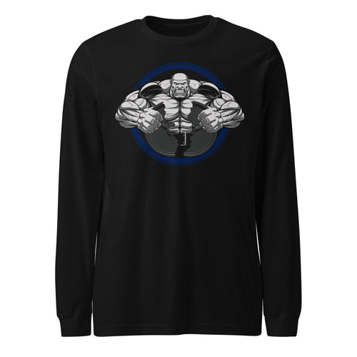 Bodybuilder Muscle Flex Emblem en playera manga larga de gym Gymbros — diseño al frente