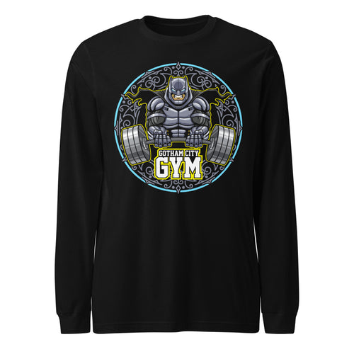 Batman Gotham City Gym en playera manga larga de gym Gymbros — diseño al frente
