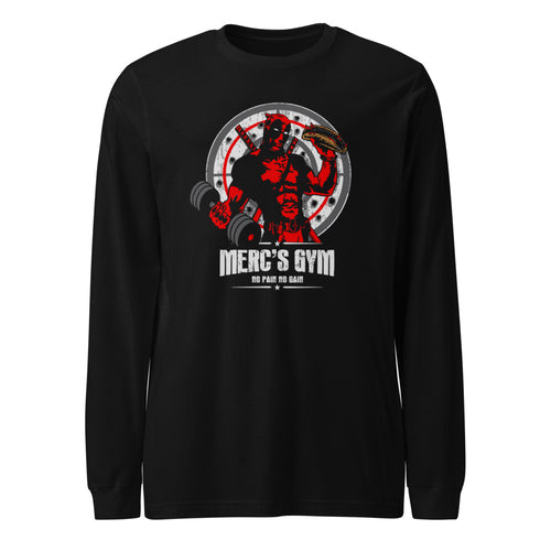 Deadpool Merc Gym No Pain No Gain en playera manga larga de gym Gymbros — diseño al frente