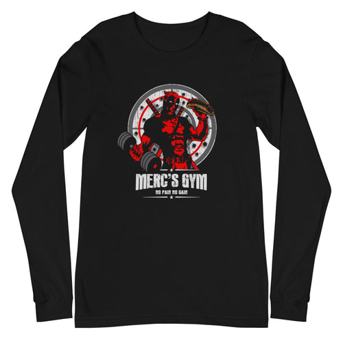 Deadpool Merc Gym No Pain No Gain en playera manga larga de gym Gymbros — plano del producto