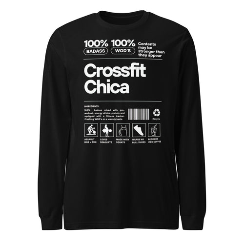 Crossfit Chica Nutrition Label en playera manga larga de gym Gymbros — diseño al frente