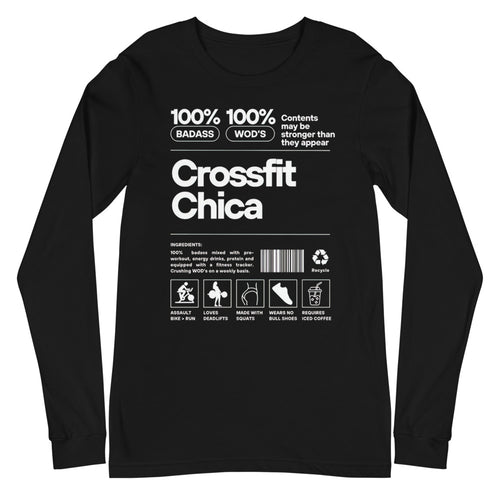 Crossfit Chica Nutrition Label en playera manga larga de gym Gymbros — plano del producto