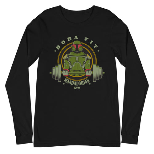 Boba Fett Mandalorian Gym en playera manga larga de gym Gymbros — plano del producto