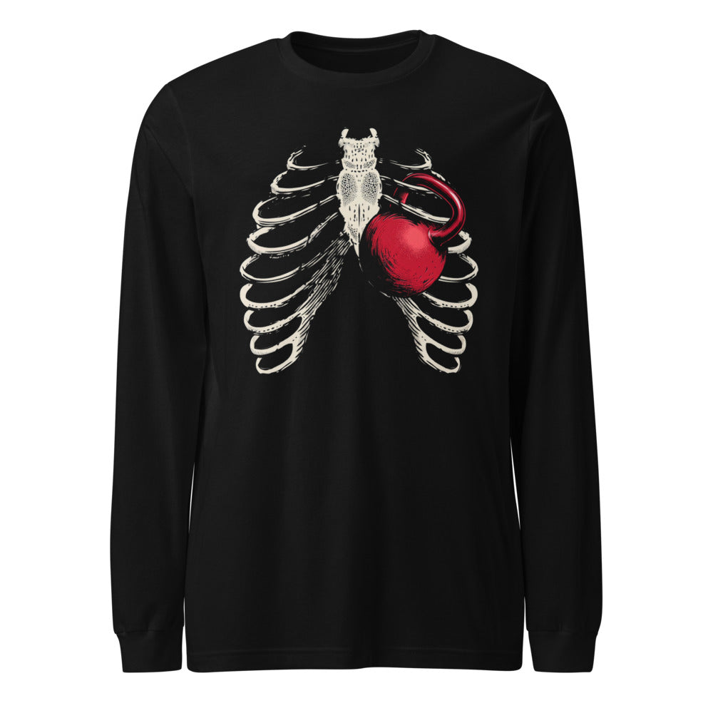 Ribcage Kettlebell en playera de manga larga de gym Gymbros — diseño al frente