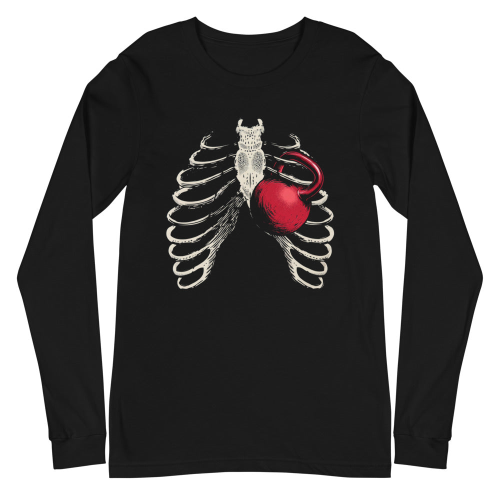 Ribcage Kettlebell en playera de manga larga de gym Gymbros — vista plana del diseño