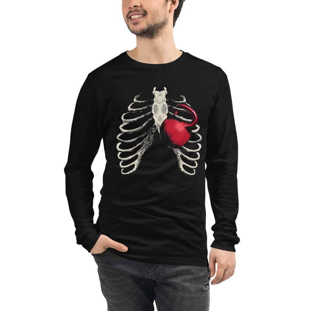 Ribcage Kettlebell en playera de manga larga de gym Gymbros — modelo masculino usándola