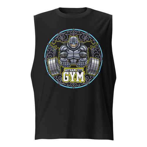 Batman Gotham City Gym en playera sin mangas de gym Gymbros — diseño al frente