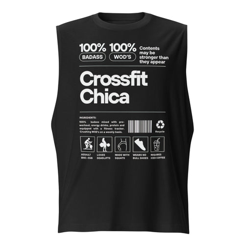 Crossfit Chica Nutrition Label en playera sin mangas de gym Gymbros — diseño al frente
