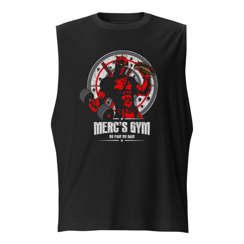 Deadpool Merc Gym No Pain No Gain en playera sin mangas de gym Gymbros — diseño al frente