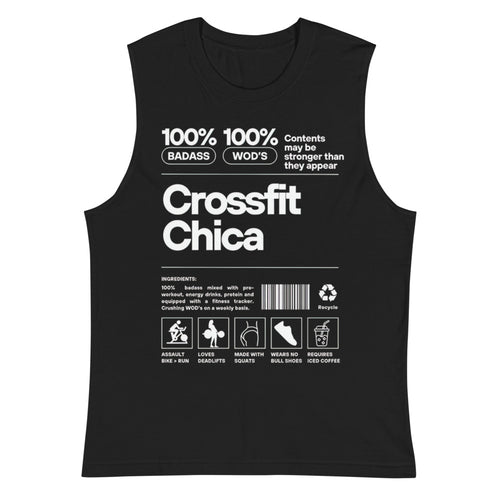 Crossfit Chica Nutrition Label en playera sin mangas de gym Gymbros — plano del producto