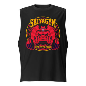 Vegeta Saiyan Gym Over 9000 en playera sin mangas de gym Gymbros — diseño al frente