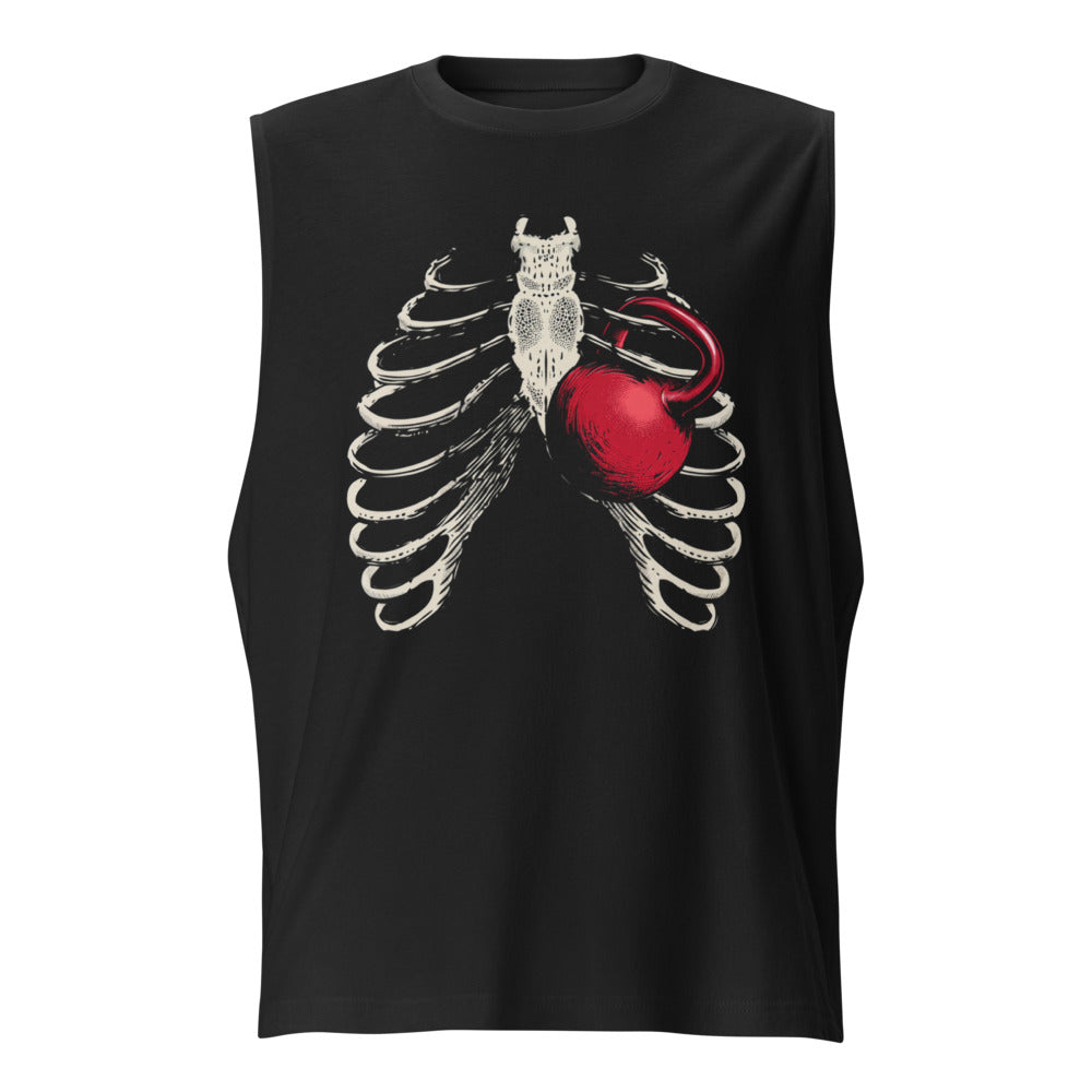 Ribcage Kettlebell en playera sin mangas de gym Gymbros — diseño al frente
