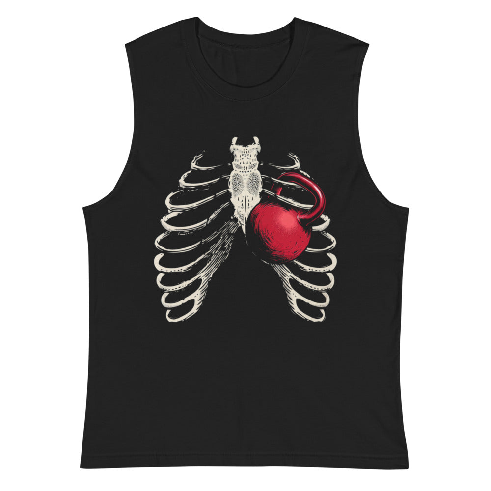 Ribcage Kettlebell en playera sin mangas de gym Gymbros — vista plana del diseño