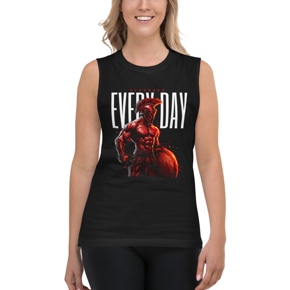 Spartan Strength en playera sin mangas de gym Gymbros — modelo femenina usándola