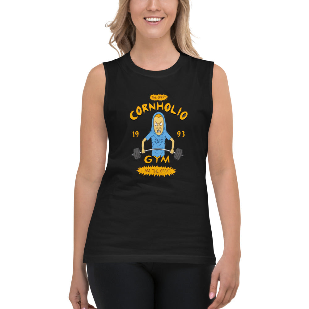 I Am Gym Legend en playera sin mangas de gym Gymbros — modelo femenina usándola