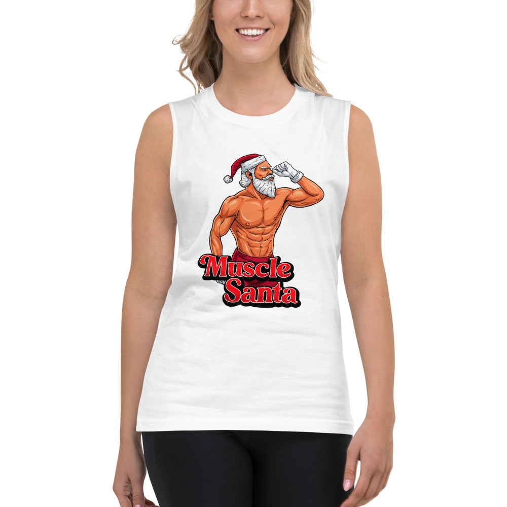 Flex Mode Santa en playera sin mangas de gym Gymbros — modelo femenina usándola