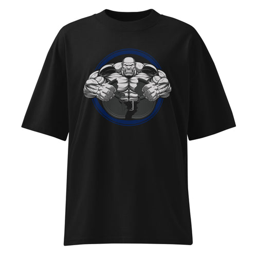 Bodybuilder Muscle Flex Emblem en playera oversize de gym Gymbros — diseño al frente