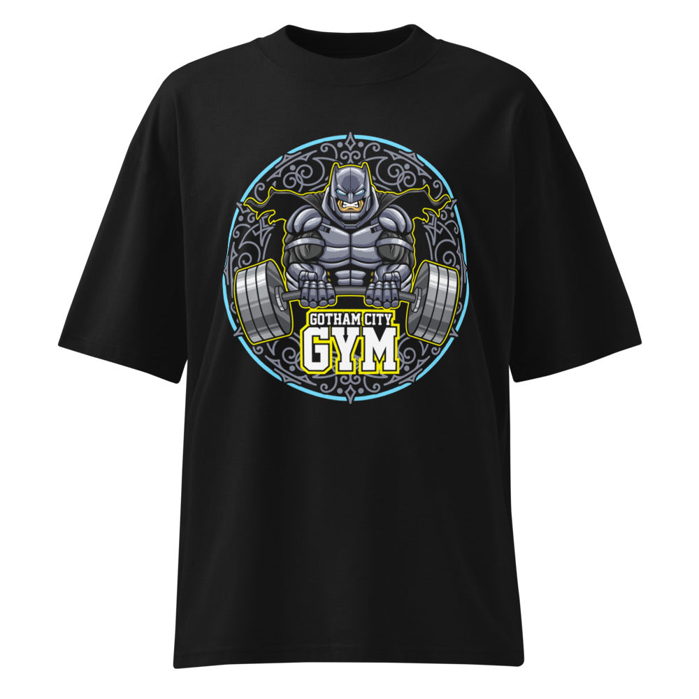 Batman Gotham City Gym en playera oversize de gym Gymbros — diseño al frente