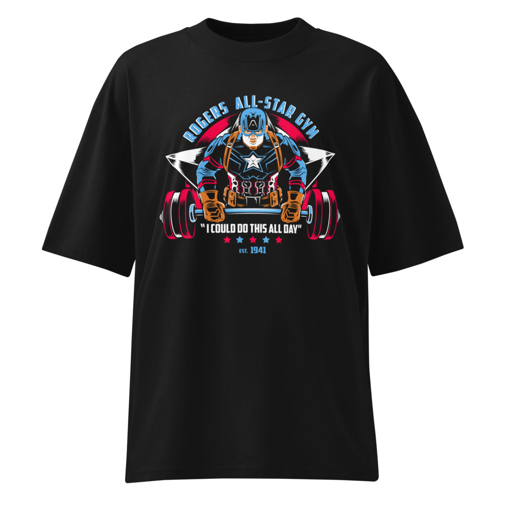 Captain America Rogers All Star Gym en playera oversize de gym Gymbros — diseño al frente