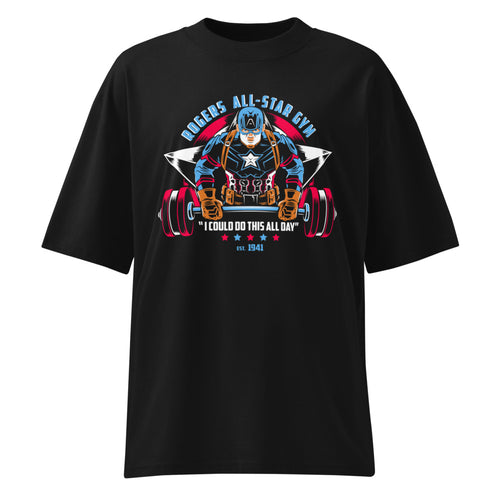 Captain America Rogers All Star Gym en playera oversize de gym Gymbros — diseño al frente