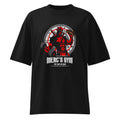 Deadpool Merc Gym No Pain No Gain en playera oversize de gym Gymbros — diseño al frente