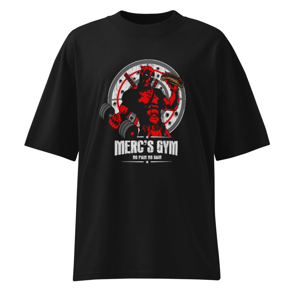 Deadpool Merc Gym No Pain No Gain en playera oversize de gym Gymbros — diseño al frente