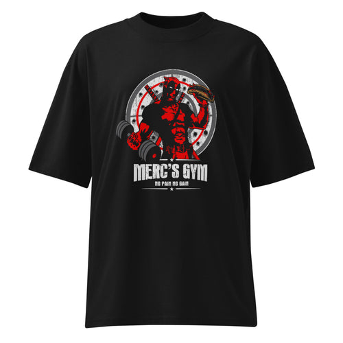 Deadpool Merc Gym No Pain No Gain en playera oversize de gym Gymbros — diseño al frente