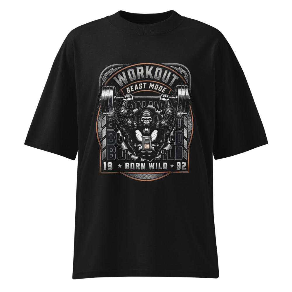 Gorilla Workout Beast Mode Born Wild 1992 en playera oversize de gym Gymbros — diseño al frente