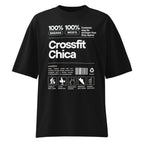 Crossfit Chica Nutrition Label en playera oversize de gym Gymbros — diseño al frente
