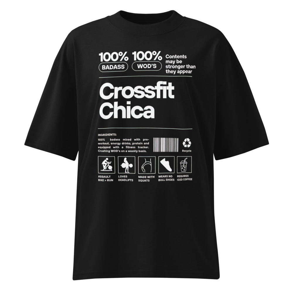 Crossfit Chica Nutrition Label en playera oversize de gym Gymbros — diseño al frente