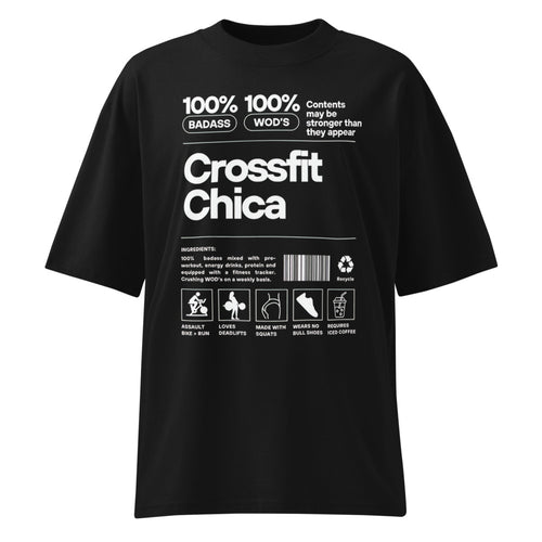 Crossfit Chica Nutrition Label en playera oversize de gym Gymbros — diseño al frente