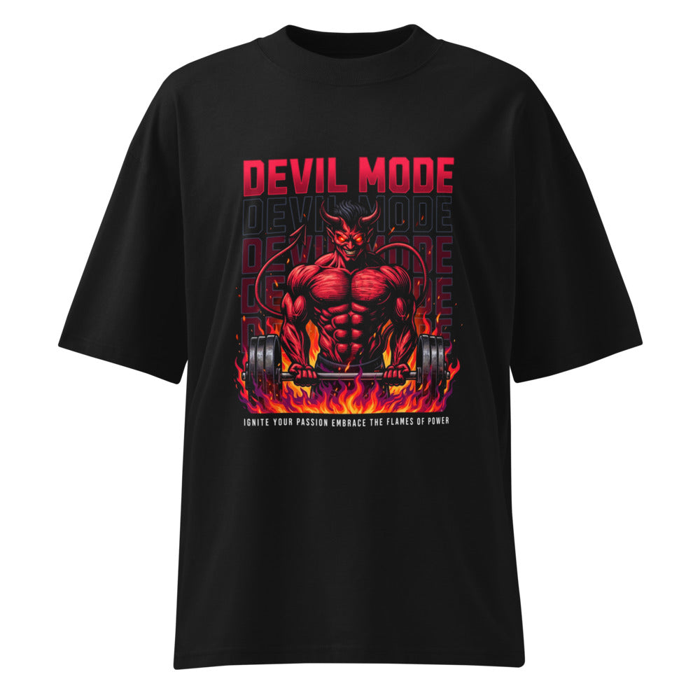 Devil Mode Gym Bodybuilder en playera oversize de gym Gymbros — diseño al frente
