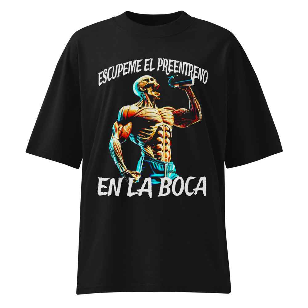 Escupeme El Preentreno En La Boca Calaca en playera oversize de gym Gymbros — diseño al frente
