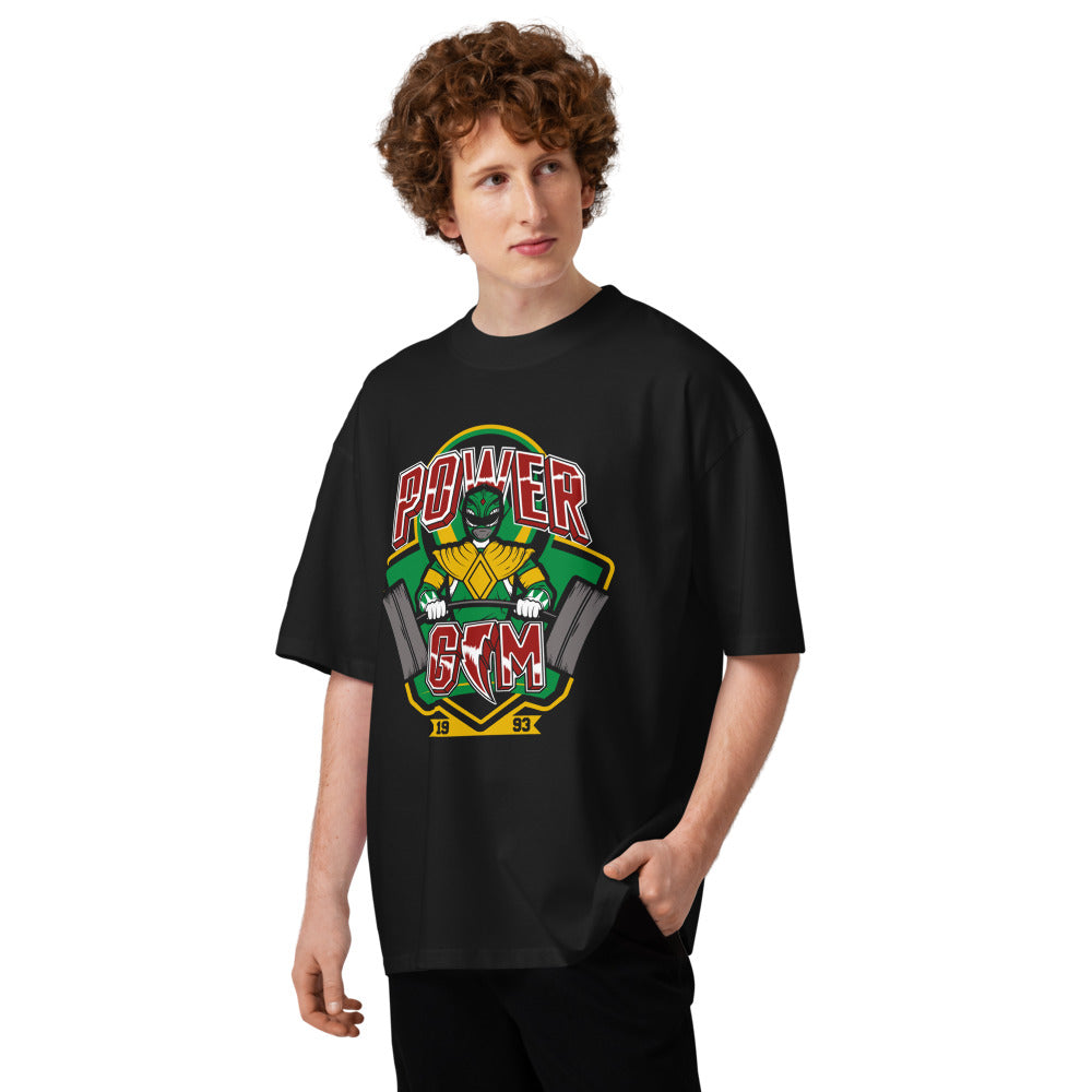 Green Power Ranger Gym en playera oversize de gym Gymbros — en modelo masculino
