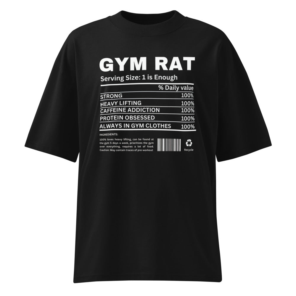 Gym Rat Nutrition Label en playera oversize de gym Gymbros — diseño al frente