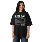 Gym Rat Nutrition Label en playera oversize de gym Gymbros — en modelo femenina