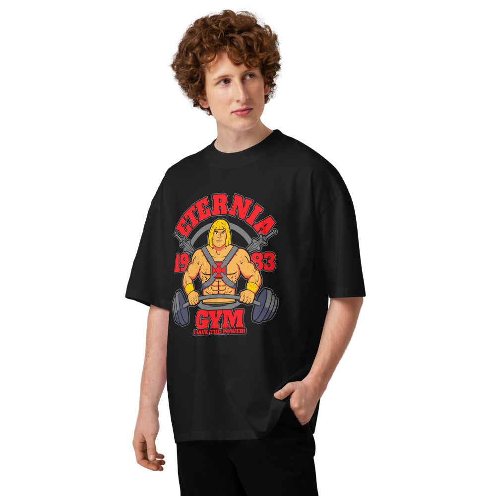 He Man Eternia Gym I Have The Power en playera oversize de gym Gymbros — en modelo masculino