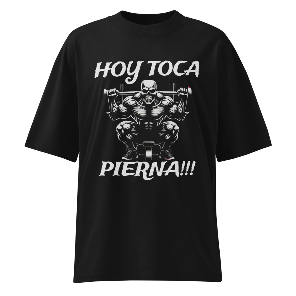 Hoy Toca Pierna Calaca Gym Barbell en playera oversize de gym Gymbros — diseño al frente