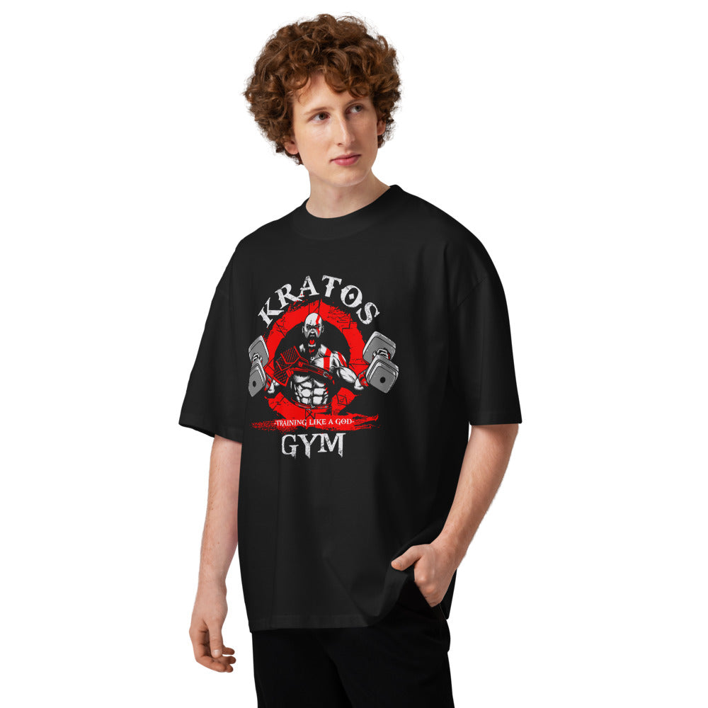 Kratos God Of War Gym Training en playera oversize de gym Gymbros — en modelo masculino