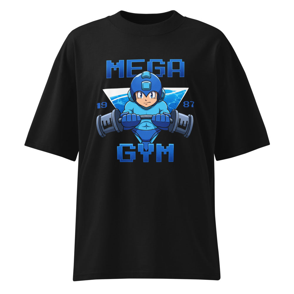 Mega Man Gym 1987 en playera oversize de gym Gymbros — diseño al frente