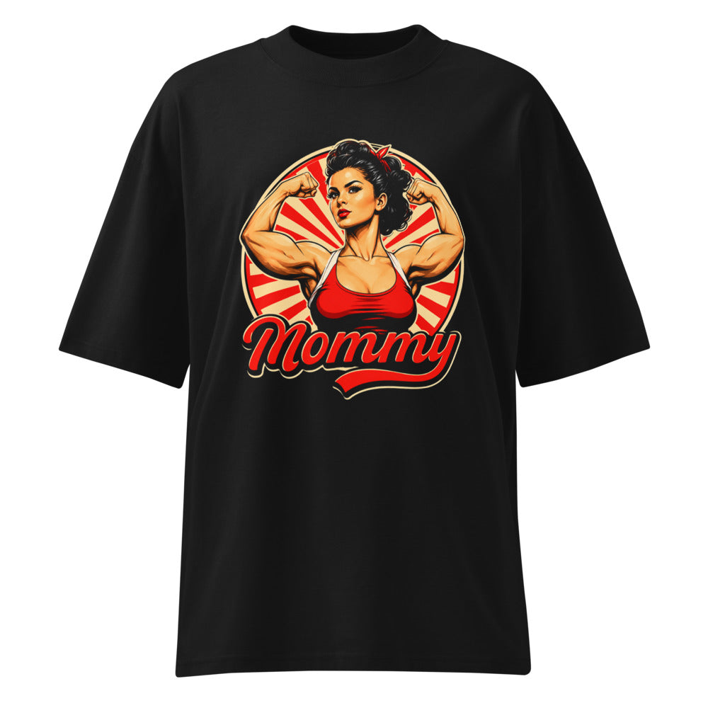 Mommy Pin Up Bodybuilder Flex en playera oversize de gym Gymbros — diseño al frente