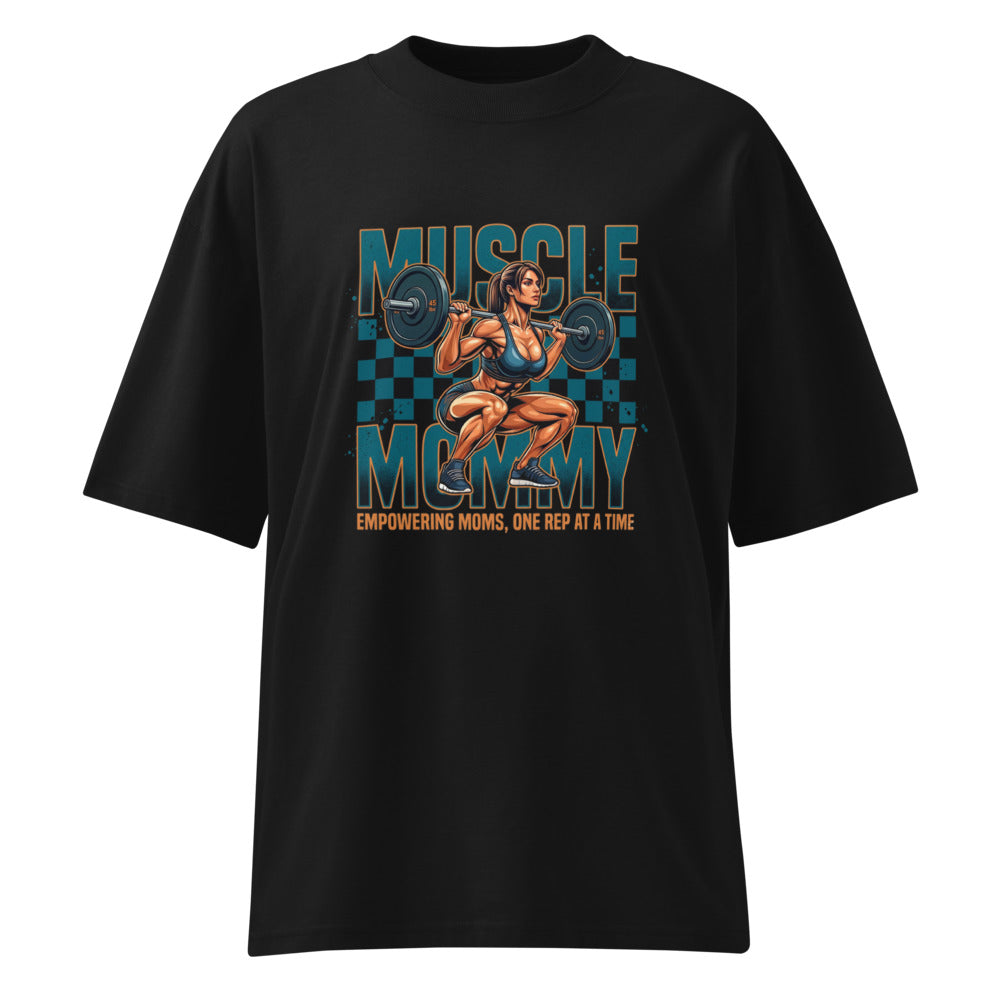 Muscle Mommy Squat Barbell Checkered Gym en playera oversize de gym Gymbros — diseño al frente