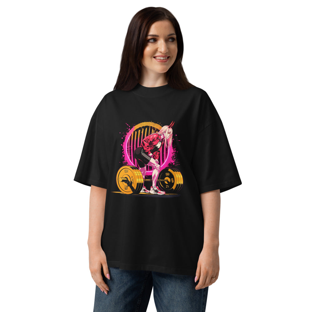 Oni Horn Anime Girl Deadlift Gym en playera oversize de gym Gymbros — en modelo femenina