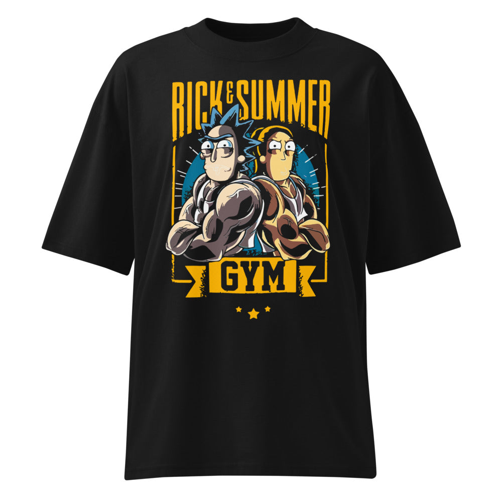 Rick And Summer Gym Adventure en playera oversize de gym Gymbros — diseño al frente