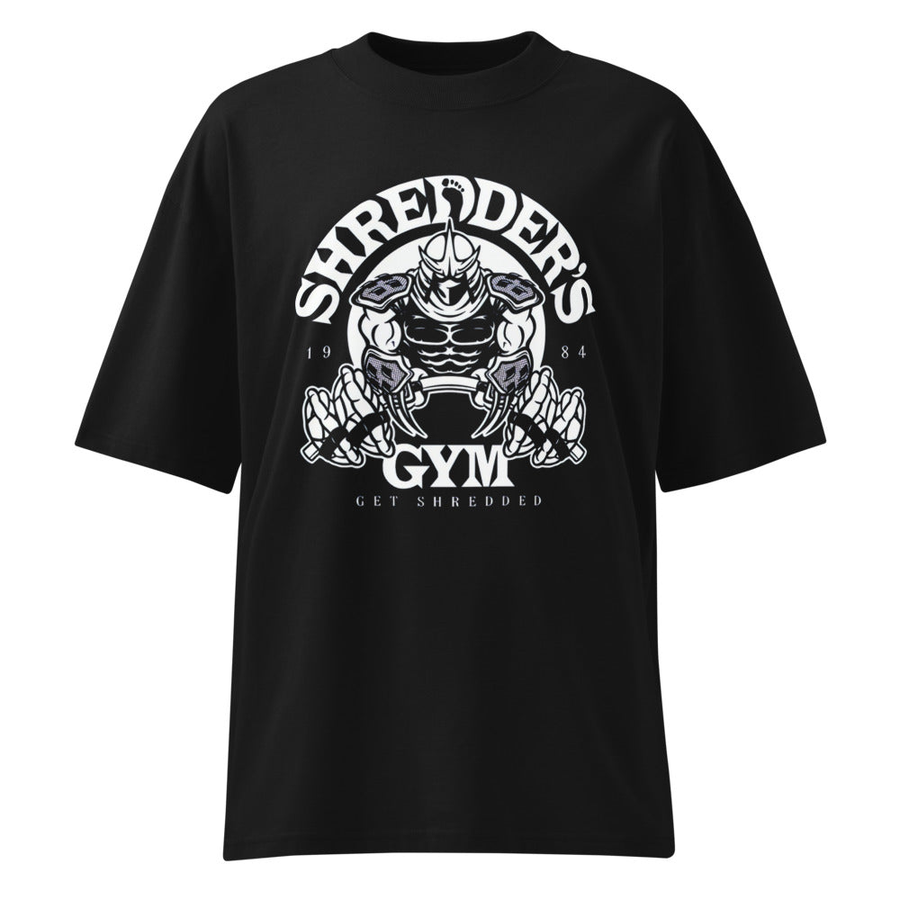 Shredder Gym Get Shredded en playera oversize de gym Gymbros — diseño al frente