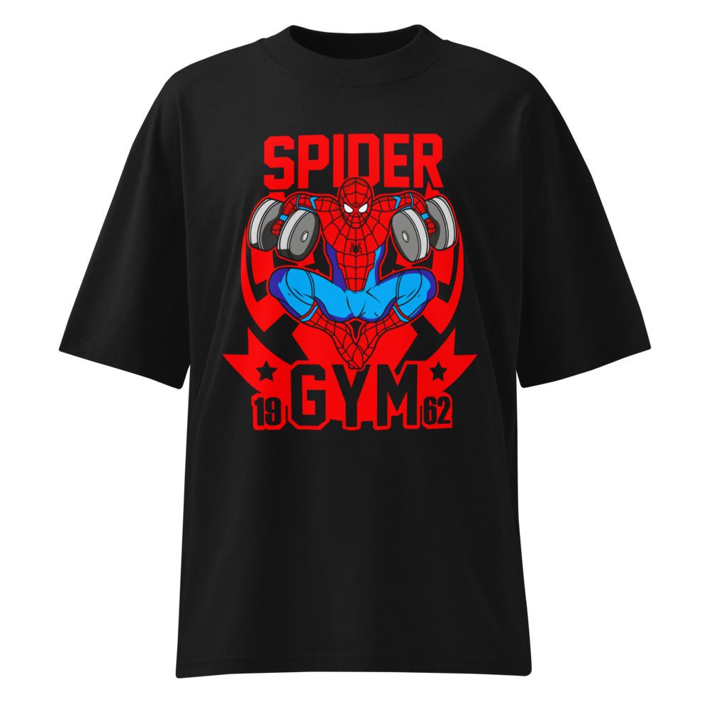 Spider Man Gym Dumbbell en playera oversize de gym Gymbros — diseño al frente
