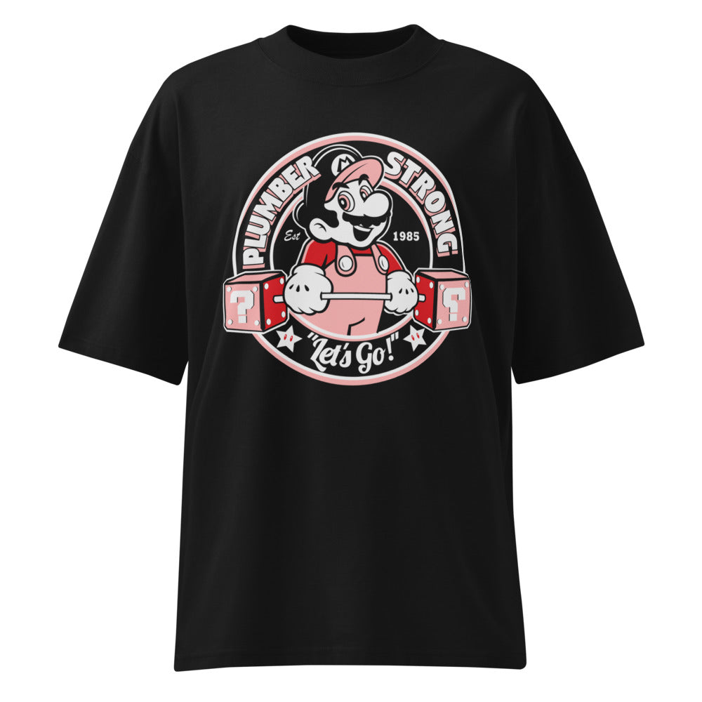Super Mario Plumber Strong Gym en playera oversize de gym Gymbros — diseño al frente