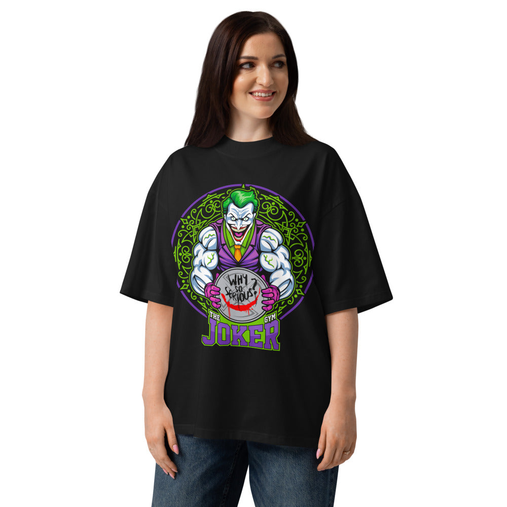 The Joker Why So Serious Gym en playera oversize de gym Gymbros — en modelo femenina