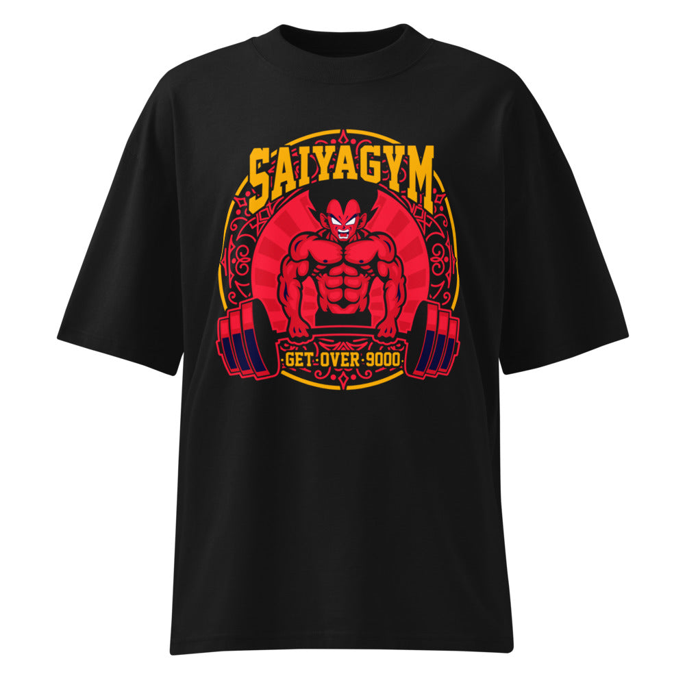 Vegeta Saiyan Gym Over 9000 en playera oversize de gym Gymbros — diseño al frente